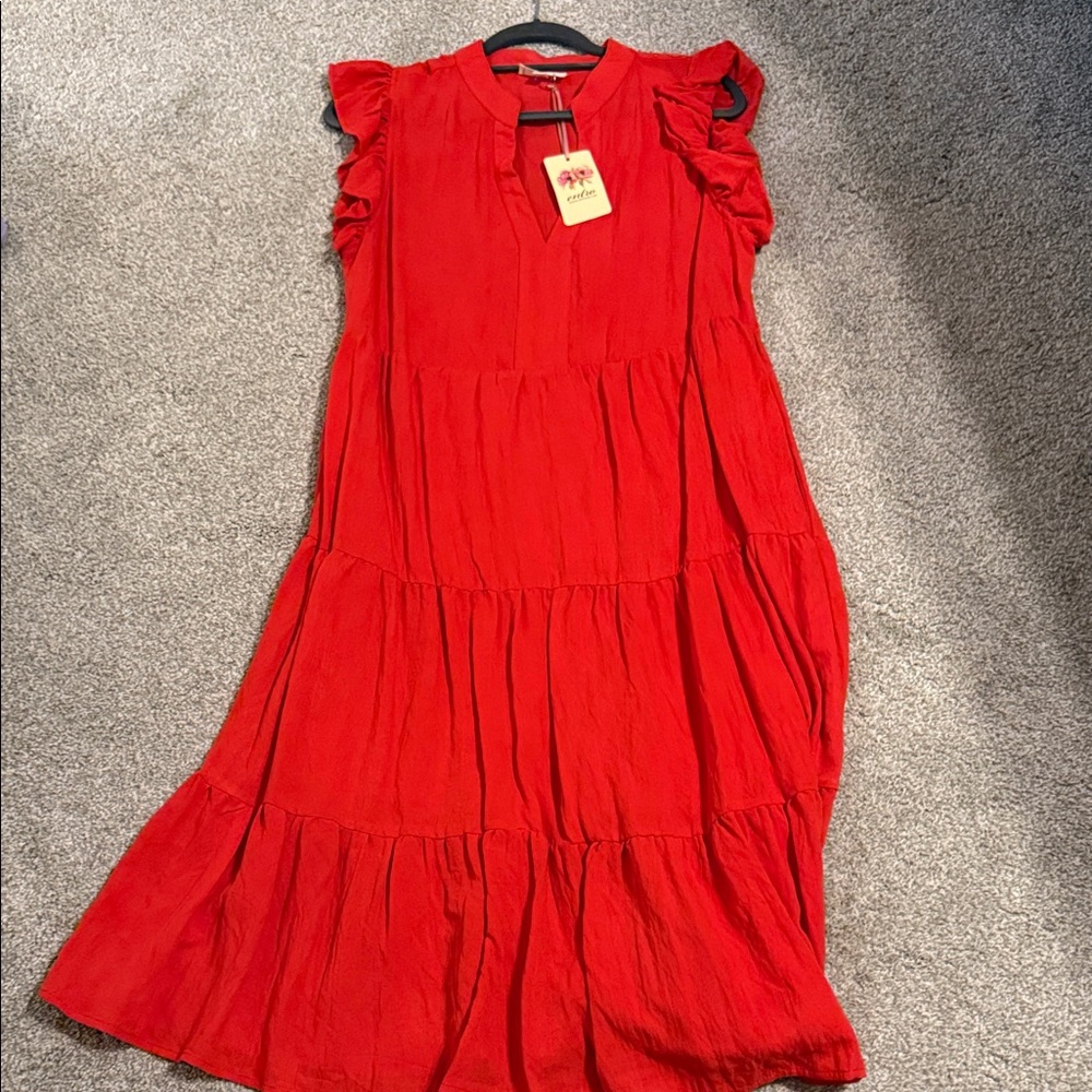 Entro Red Midi Dress with Ruffle Detail